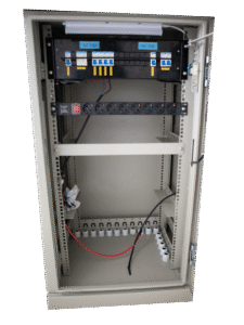 ODC Cabinet Outdoor Custom 20U terbuka menampilkan PDU, ACPDB, dan DCDB.